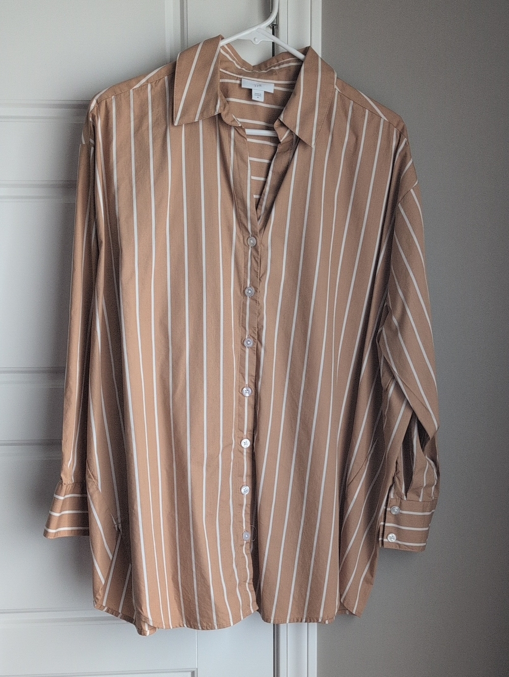J. Jill Tan and White Vertical Stripe Button-Down Shirt, Size Medium